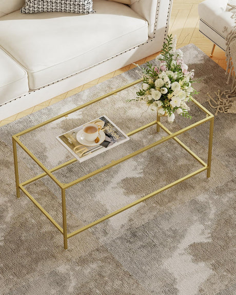 Homleke Glass Coffee Table, Modern Rectangular Coffee Table for Living Room, Minimalist Center Tea Table with Sturdy Metal Frame for Apartment, Office, Easy Assembly, 39.4 x 19.7 x 17.7 Inches, Golden Homleke