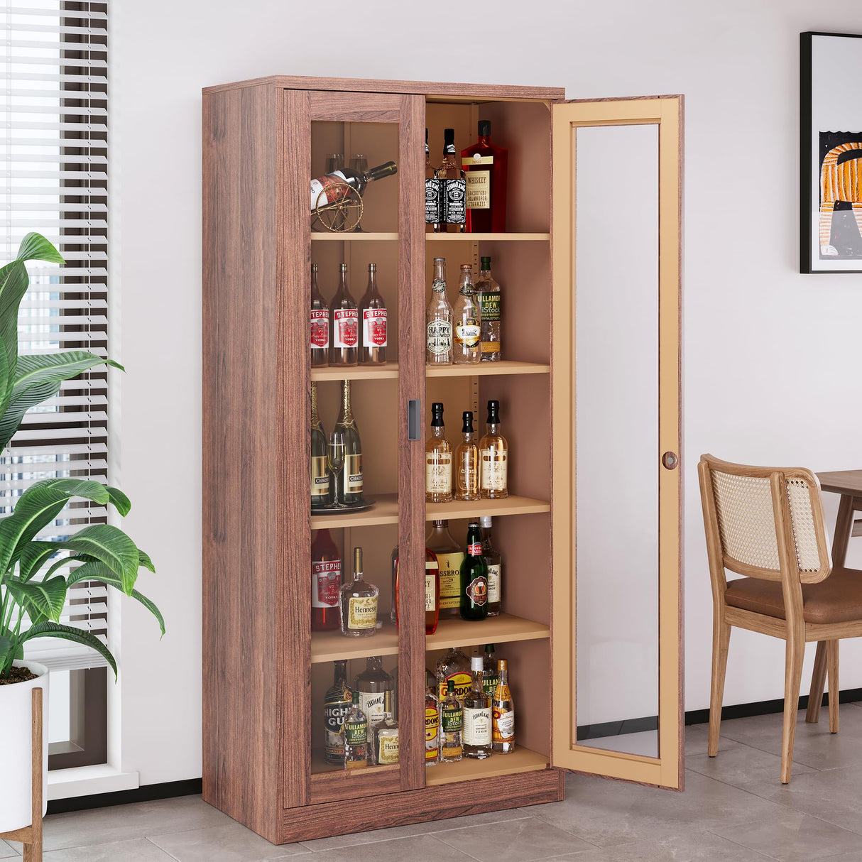 LISSIMO Glass Display Cabinet,Metal Storage Cabinet Bookcase with Glass Doors and 4 Adjustable Shelves,Curio Cabinet Liquor Cabinet with Lock for Home,Office and Exhibition Hall (Rustic Brown) LISSIMO