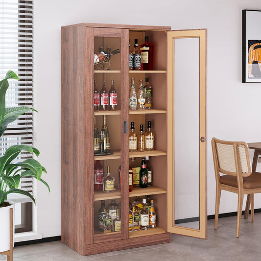 LISSIMO Glass Display Cabinet,Metal Storage Cabinet Bookcase with Glass Doors and 4 Adjustable Shelves,Curio Cabinet Liquor Cabinet with Lock for Home,Office and Exhibition Hall (Rustic Brown - WoodArtSupply