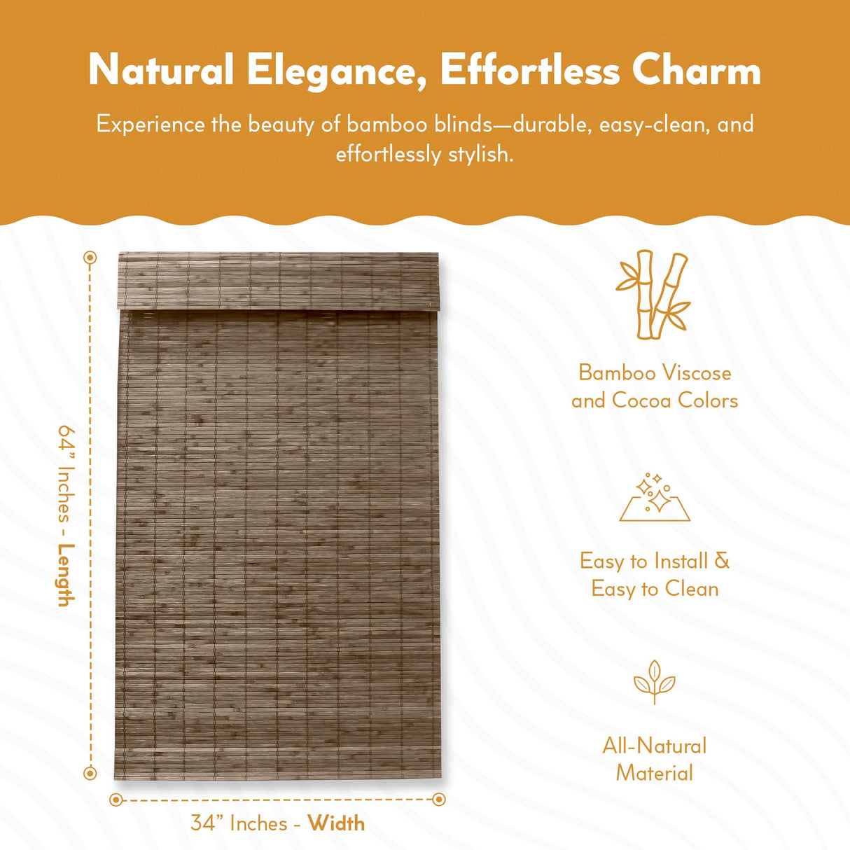 Radiance Cordless Bamboo Roman Shades for Windows - Flatstick Bamboo Blinds for Semi-Private Light Control - Easy to Lift & Fold Up Window Shades - Driftwood - 34 in. W x 64 in. L - (2216610E) Radiance