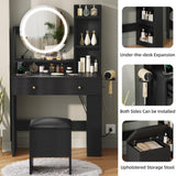 DWVO Makeup Vanity Desk with LED Lighted Mirror, Black Vanity Set with Charger Station, Small Spaces Vanity Table for Bedroom, Adjustable 3 Lighting Modes, Makeup Table with Chair for Girl, 31.5in(L) DWVO
