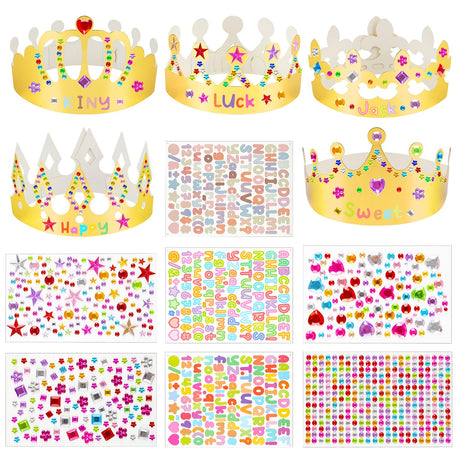 Gold Paper Crowns, 15 Pcs DIY Birthday Party Crowns, King & Princess Crown Hats with Gem Stickers, Letters and Number Stickers for School, Party & Craft Decoration NIUBIER
