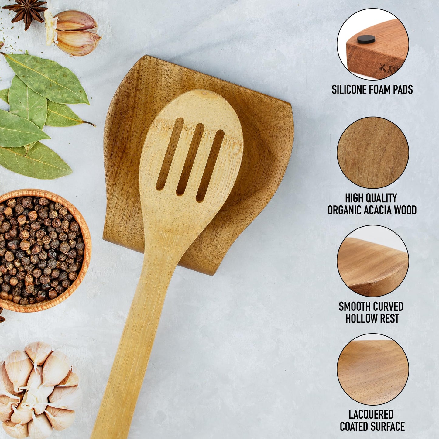 Zulay Acacia Wood Spoon Rest For Kitchen - Smooth Wooden Spoon Holder For Stovetop With Non Slip Silicone Feet - Perfect Holder For Spatulas, Spoons, Tongs & More