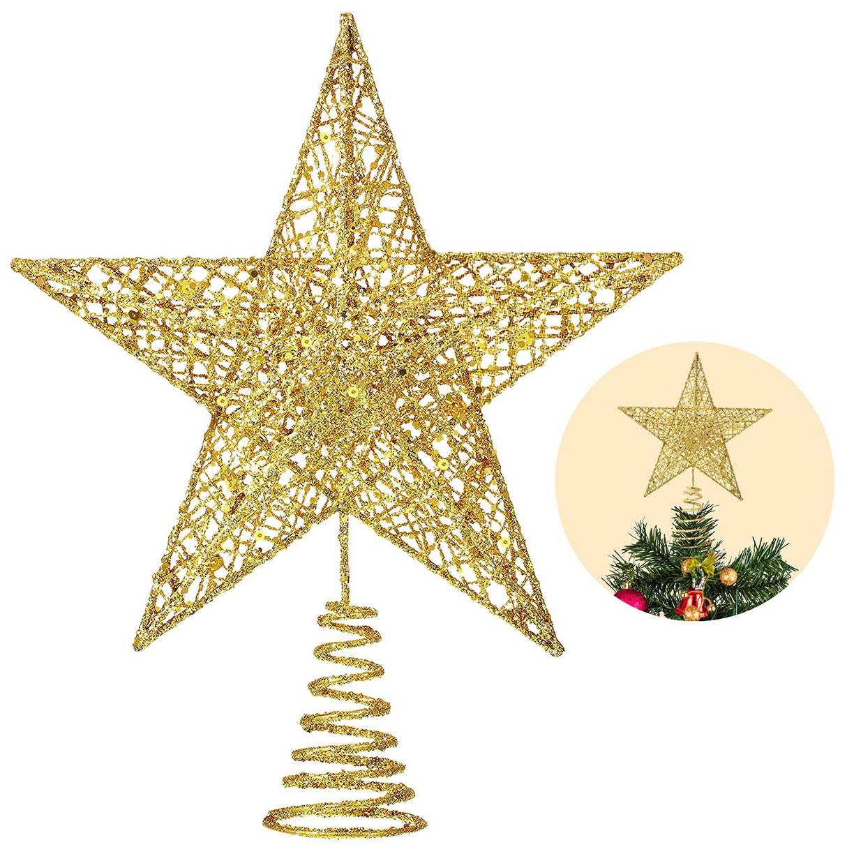 Christmas Tree Toppers Xmas Glitter Gold Hollow Star Treetop Topper for Christmas Tree Decoration. 1 XIMISHOP