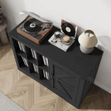 Record Player Stand with Vinyl Storage, Farmhouse Turntable Cabinet with Door, Vinyl Display Holder Shelves up to 750 Albums, Wooden Storage for Living Room, Black SLEKVERSA