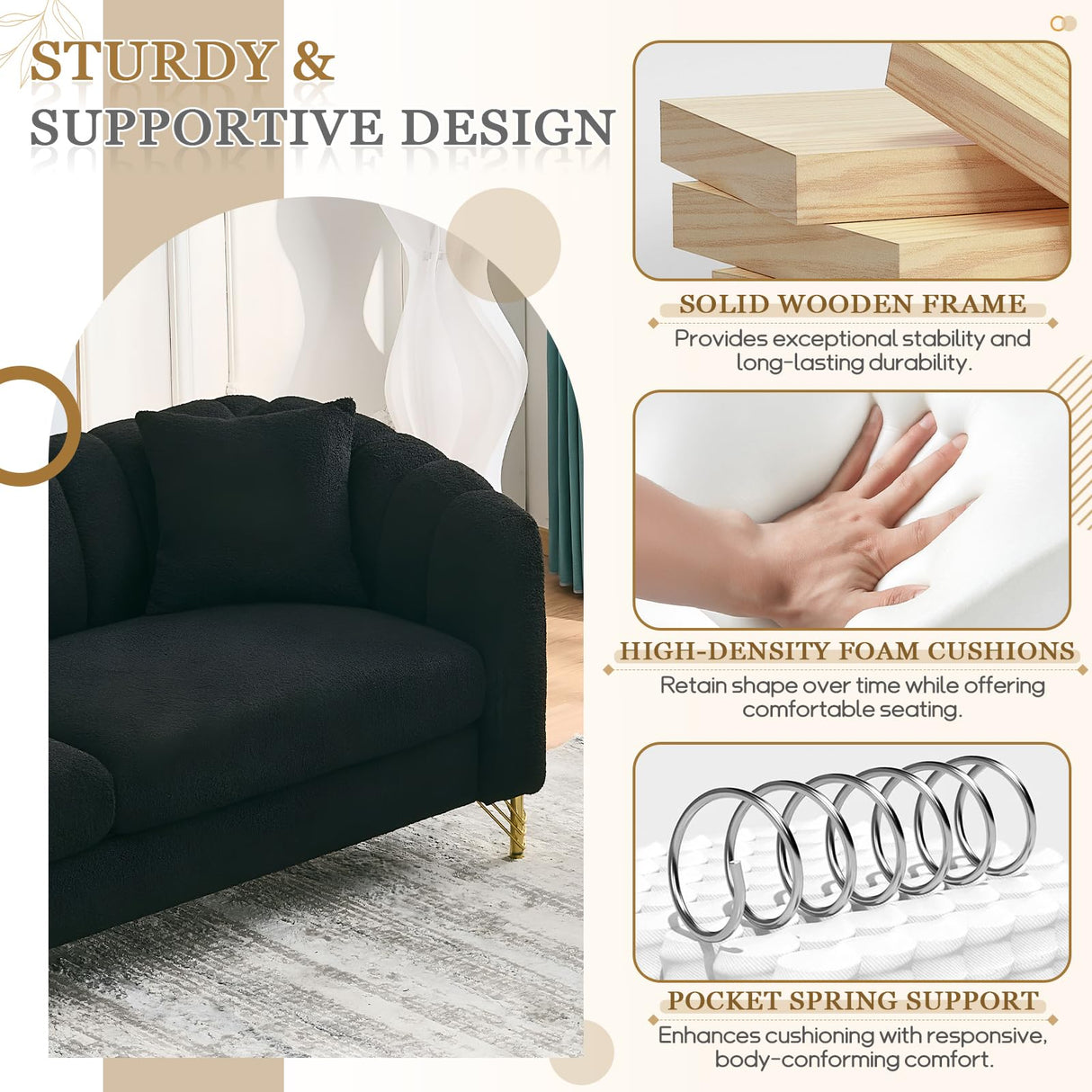 Black Cloud Couch for Living Room, 63.5" Modern Comfy Overstuffed Deep Seat Tufted Sofa with Gold Legs & Pillows, Plush Teddy Boucle Upholstered Curved Loveseat Settee with Round Arm (Black, 2 Seater) SLEERWAY