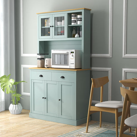 HOMCOM 71" Freestanding Pantry, Kitchen Buffet with Hutch, Modern Storage Cabinet, Microwave Cabinet with Drawers, Glass Doors, and Adjustable Shelves, Light Blue HOMCOM