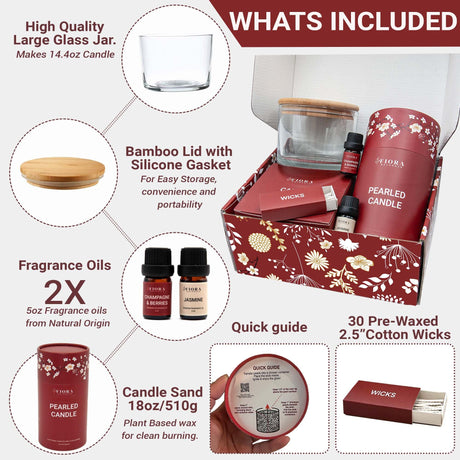 Pearled Candle Sand Gift Set - 18oz Sand Wax, 30 Wicks, 2X Natural Fragrance Oils + Free Large Glass Jar Included - Smoke-Free Powder Snow Candles, Upto 120 Hours Burn Time - DIY Candle Making Kit Fiora Naturals