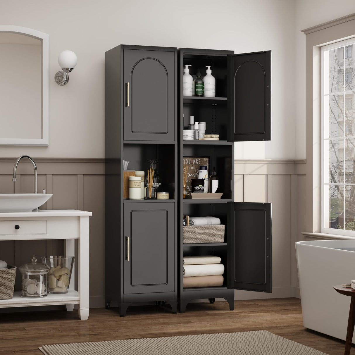 Kubohogar 75" Tall Bathroom Storage Cabinet, Metal Bathroom Floor Cabinet with Doors, Open Space, Adjustable Shelves，Freestanding Narrow Cabinets for Kitchen, Living Room, Laundry, Black Kubohogar