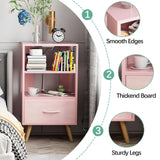 Aenuert Night Stand with Charging Station, Pink Kids Nightstand with Drawer, 3-Tier Nursery Bedside Table with USB Ports and Outlets, End Table for Small Space, Living Room, Bedroom Aenuert