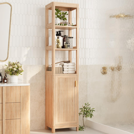 INNOD 68'' Tall Narrow Storage Cabinet with Adjustable Shelf and Door, Bathroom Storage Cabinet, Space Saver for Bathroom, Kitchen, Living Room, Natural Oak INNOD