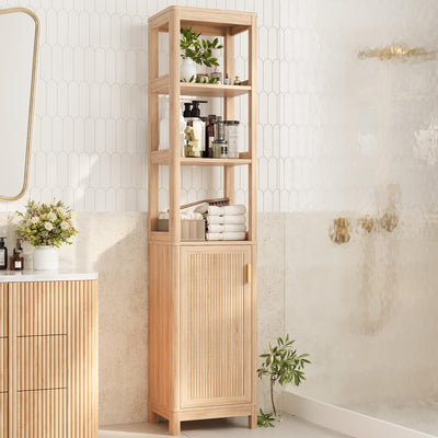 INNOD 68'' Tall Narrow Storage Cabinet with Adjustable Shelf and Door, Bathroom Storage Cabinet, Space Saver for Bathroom, Kitchen, Living Room, Natural Oak