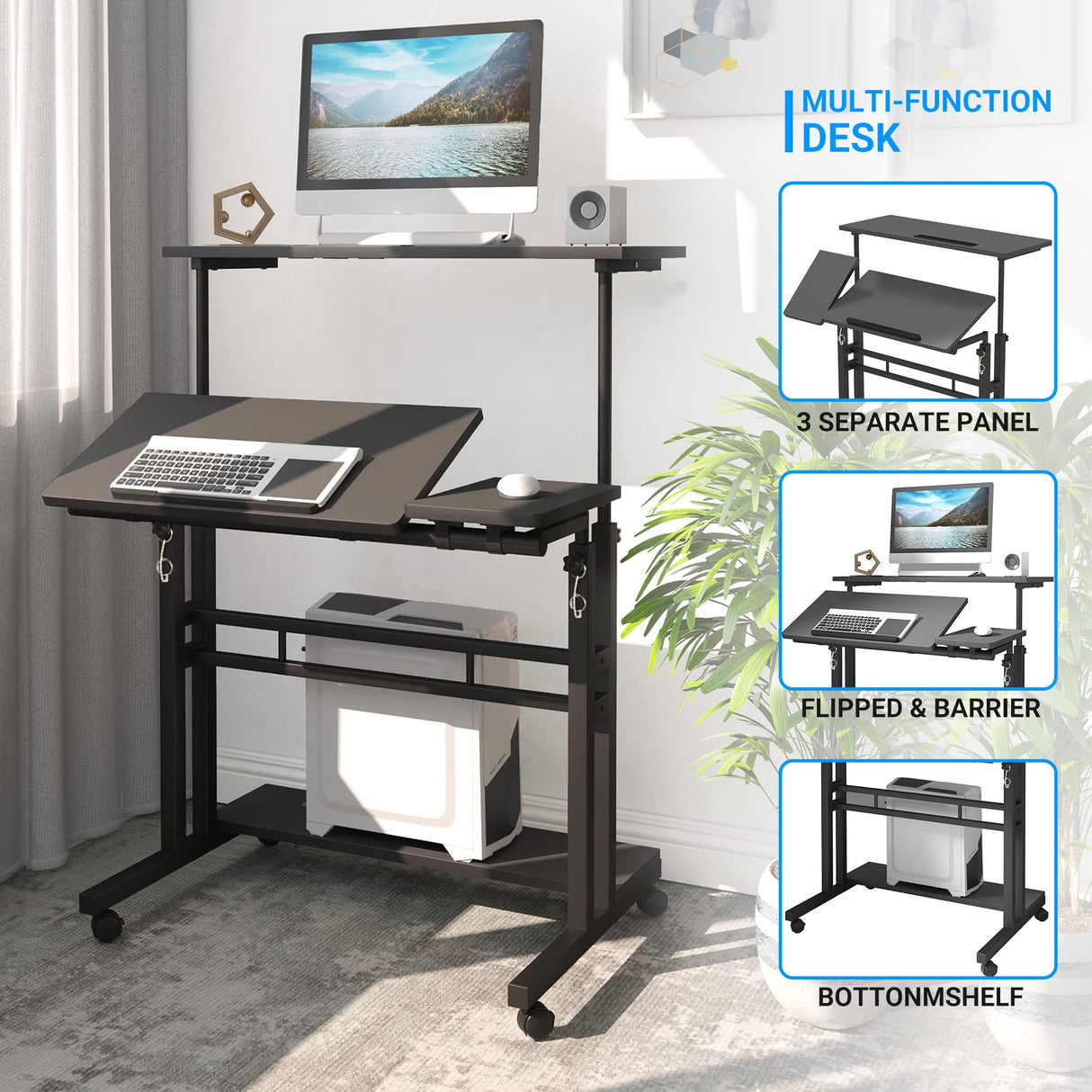 Panta Mobile Standing Desk, Adjustable Rolling Computer Desk with 3 Desktops, Portable Laptop Table with Desk Cup Holder, Home Office Laptop Workstation on Lockable Wheels, Black Panta