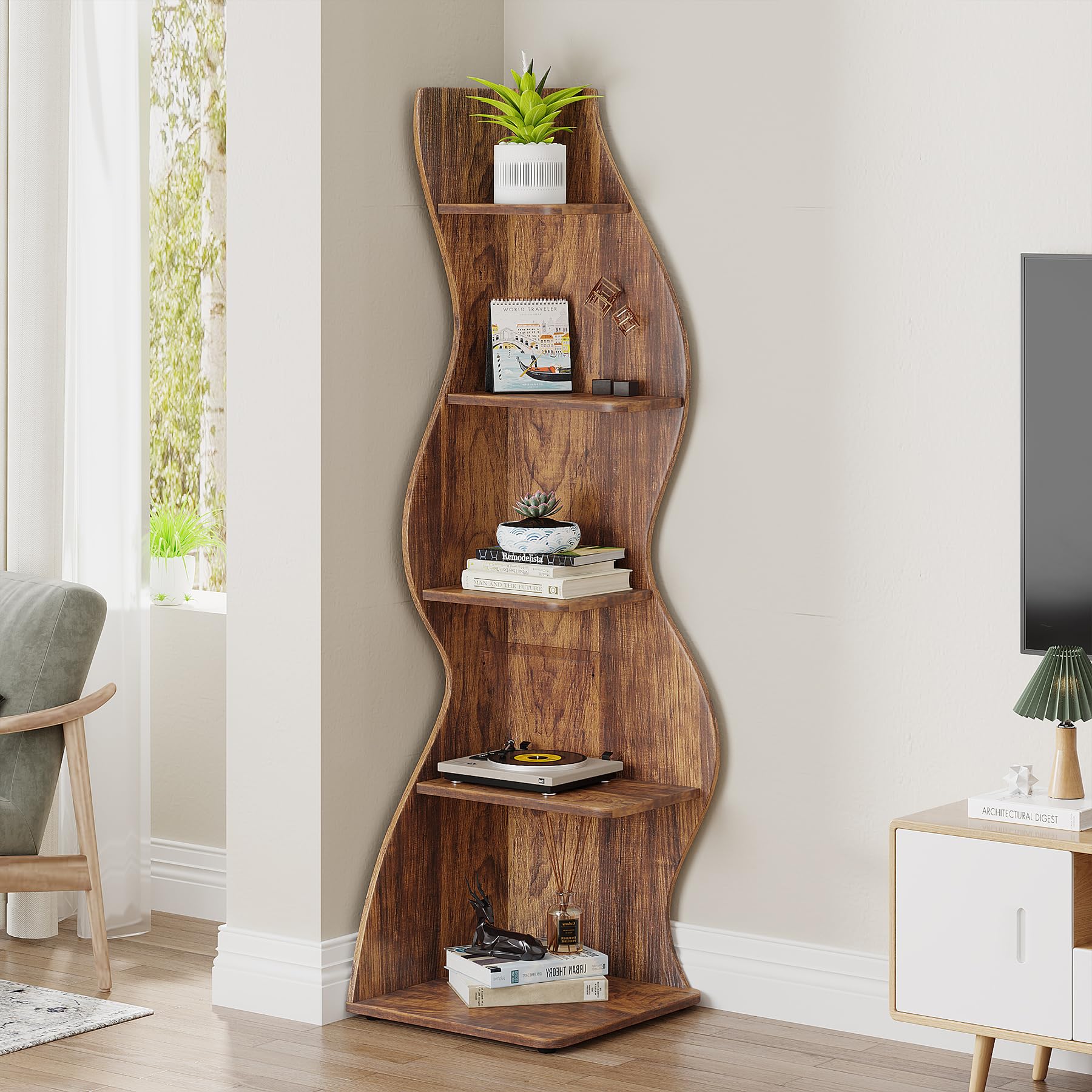 Rustic 5-Tier Corner Shelf - Stylish Brown Bookshelf & Plant Stand by Tribesigns - WoodArtSupply