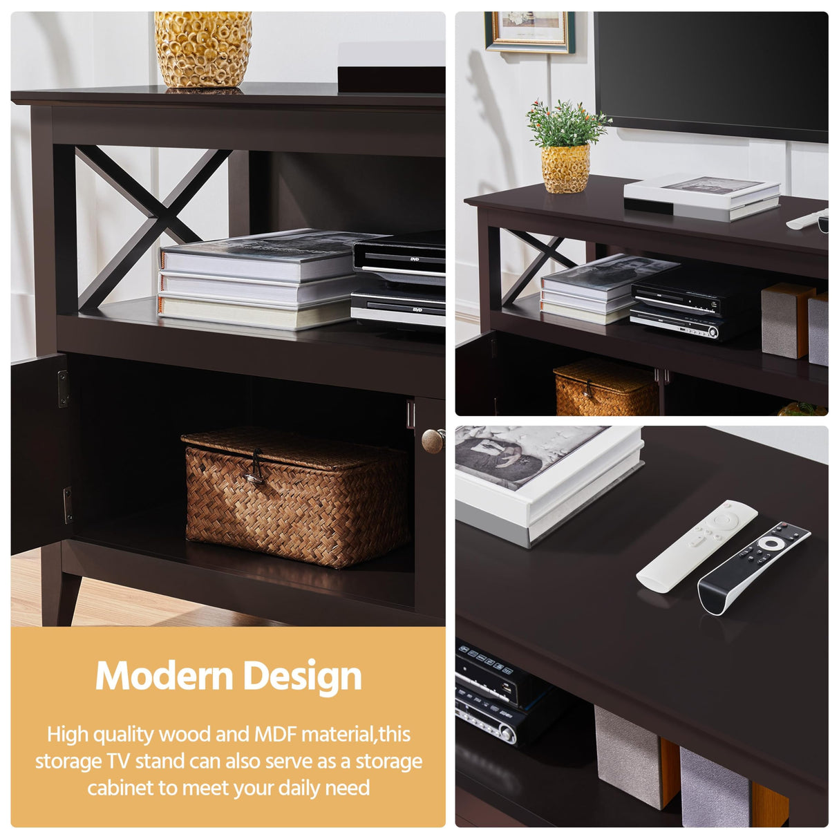 Yaheetech Wooden TV Stand for TVs Up to 50 inch, Media Entertainment Center Table, TV Cabinet Table with Storage Open Shelf & 2 Doors for Living Room, Espresso Yaheetech