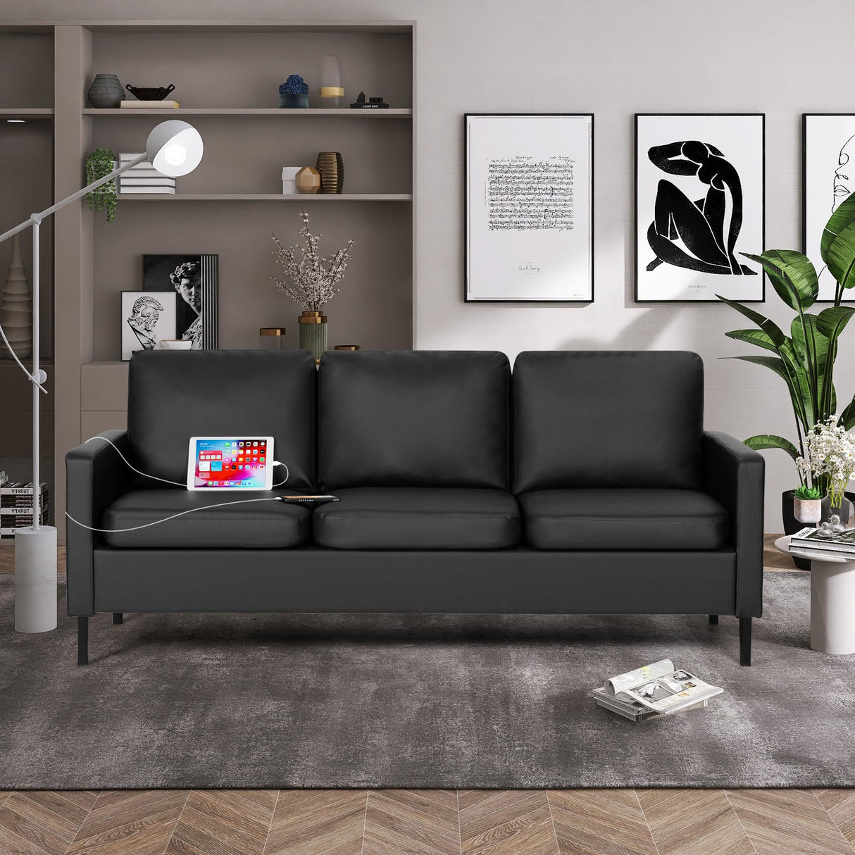 STHOUYN 72" W Faux Leather Black Sofa 3 Seat Couch, Modern Comfy Couch with 2 USB, Small Couches for Living Room Apartment Bedroom Small Spaces, Office Couch (Black (Sofa)) STHOUYN