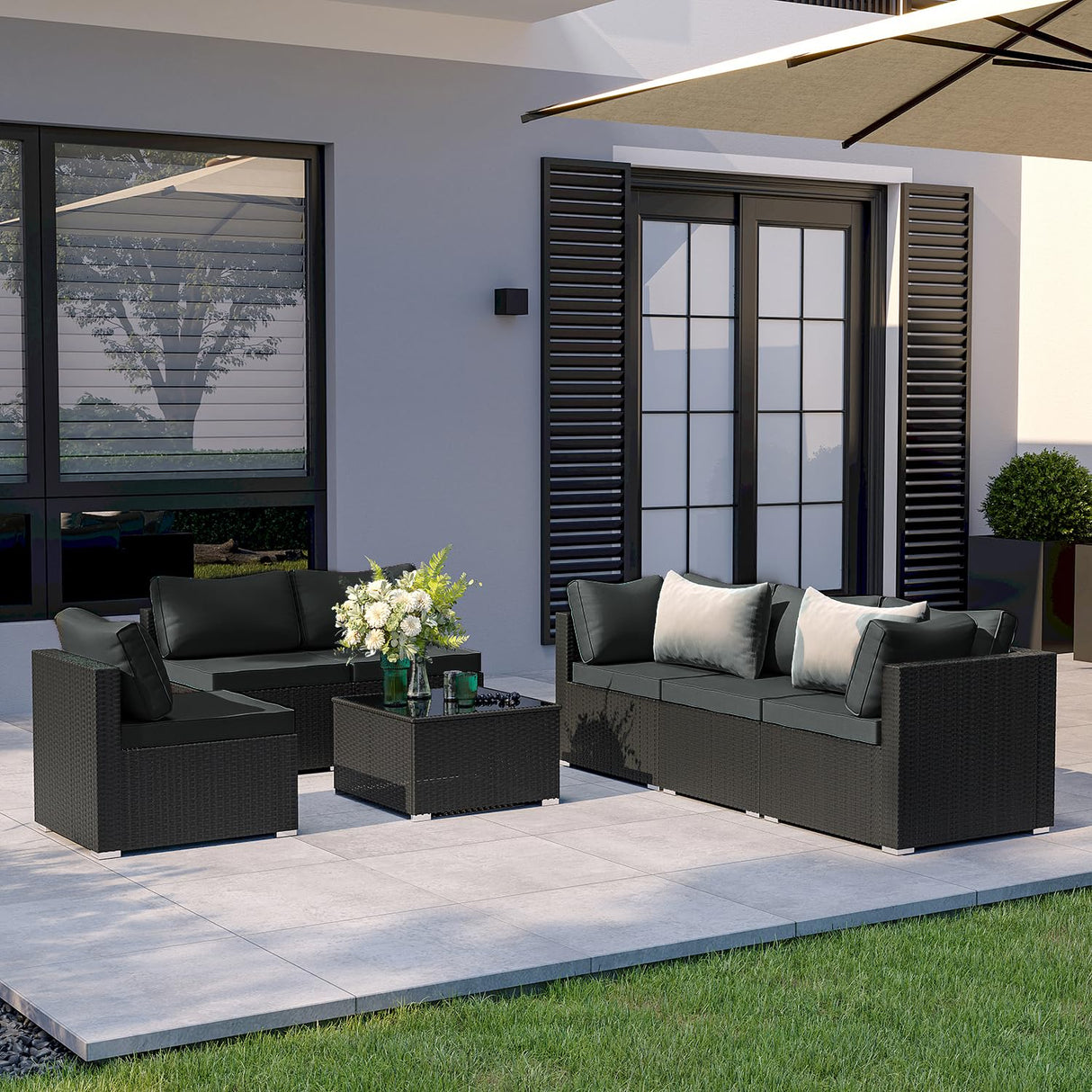 ELEGIBLISS 7 Pieces Patio Furniture Set - Outdoor Sectional Wicker Rattan Furniture with Cushion and Glass Table Patio Conversation Sets for Porch Poolside Backyard Outdoor Sofa Set Modular Sofa ELEGIBLISS