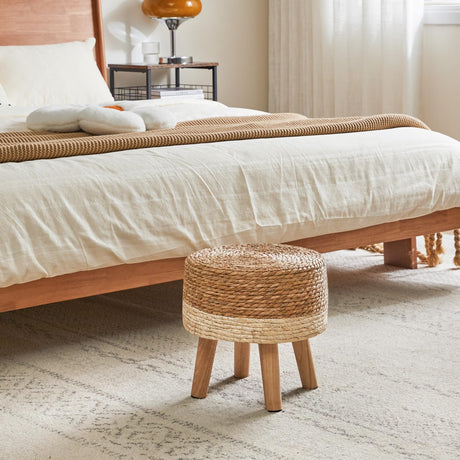 YMYNY Foot Stool Natural Seagrass Hand Weave, 12.6" Small Ottoman, Round Footrest for Living Room, Bedroom, Entryway, Change Shoes Stool, Non-Skid Wood Legs, Boho, Natural+White, UHBD027W YMYNY