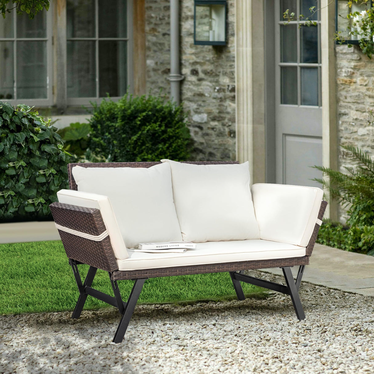 Greesum Outdoor Sofa, Woven Rattan Patio Furniture, Convertible Daybed or Double Chair with Adjustable Armrests, Cushions and Pillows for Yard, Porch, Pool, Brown Lounger & Beige Pillowcase Greesum