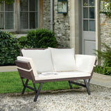 Greesum Outdoor Sofa, Woven Rattan Patio Furniture, Convertible Daybed or Double Chair with Adjustable Armrests, Cushions and Pillows for Yard, Porch, Pool, Brown Lounger & Beige Pillowcase Greesum