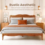 PHI VILLA Rattan King Bed Frame with Headboard, Wood Mid Century Boho Bed Frames, No Box Spring Needed, Brown PHI VILLA