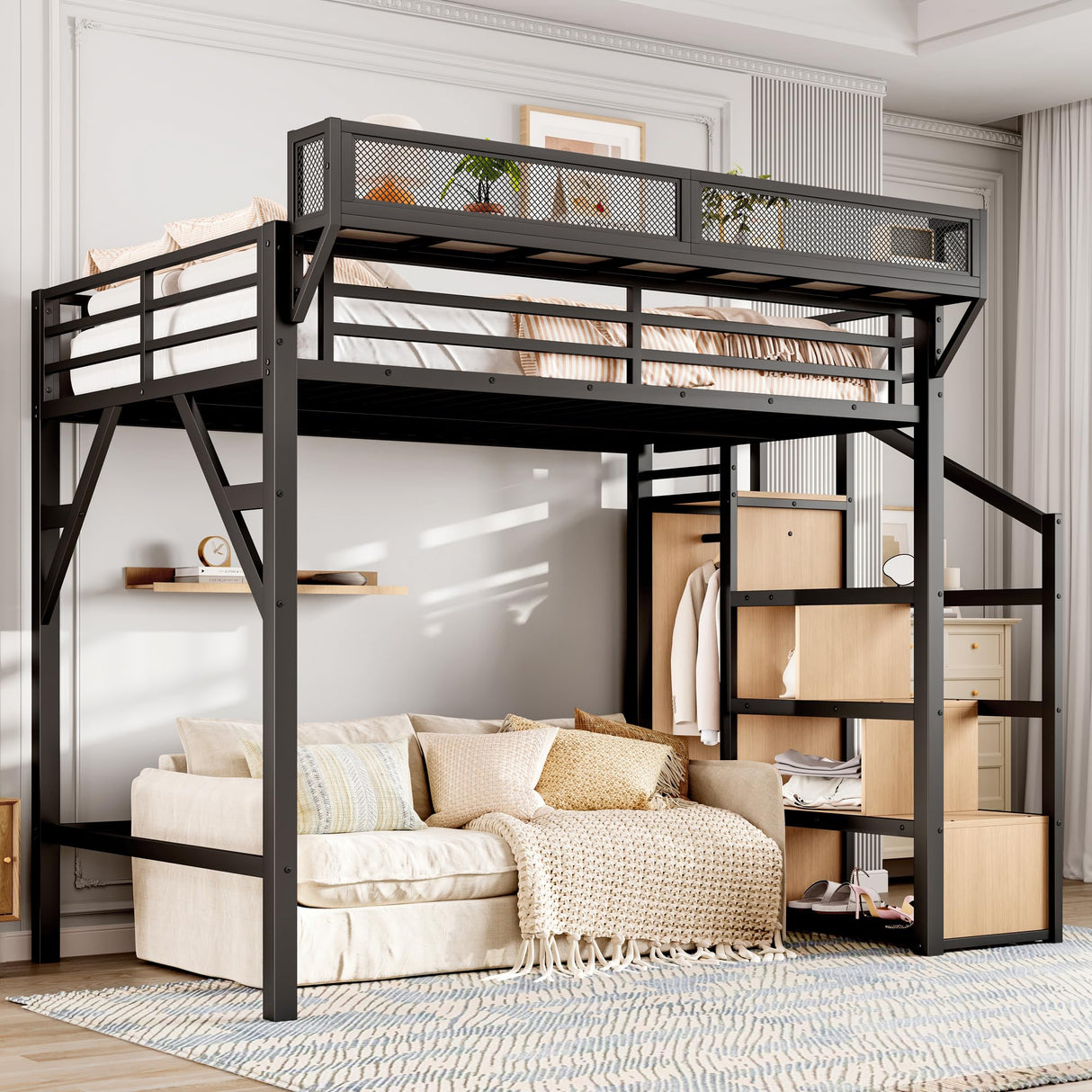TCMILA Twin XL Size Loft Bed with Convertible Storage Stairs, LED, USB-Port, Heavy Duty Metal Frame with Open Wardrobe, Kids, Adults, Boys, Bedroom, No Box Spring Needed, Black Natural TCMILA