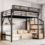TCMILA Twin XL Size Loft Bed with Convertible Storage Stairs, LED, USB-Port, Heavy Duty Metal Frame with Open Wardrobe, Kids, Adults, Boys, Bedroom, No Box Spring Needed, Black Natural TCMILA