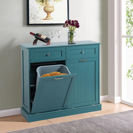 LOUVIXA Tilt Out Trash Can Cabinet with Double Hidden Trash Can Holder, Kitchen Free Standing Recycling Cabinet,Dog Proof Trash Can,Wood, Teal LOUVIXA