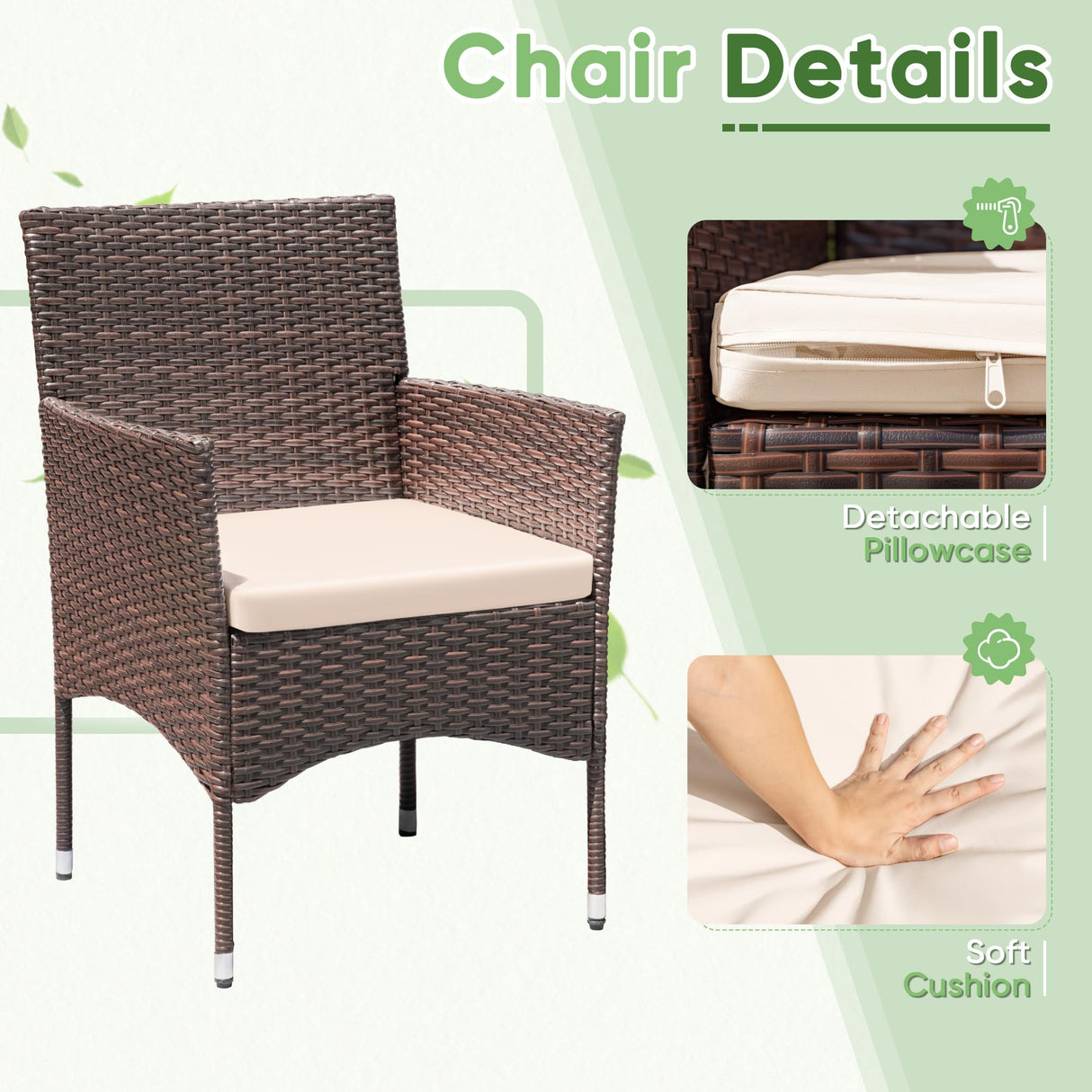 Greesum 3 Pieces Patio Dining PE Rattan Wicker Chair Furniture Set with Cushion and Glass Coffee Table for Outdoor Garden Backyard Poolside, Brown and Beige Greesum