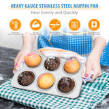 E-far Muffin Pan Set of 2, Stainless Steel Muffin Pan Tin for Baking, 6-Cup Metal Cupcake Pan Tray, Non-toxic & Healthy, Oven & Dishwasher Safe, Regular Size - 11.44 x 7.12 x 1.25 inch E-far