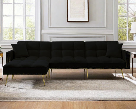 GlasFlength Sectional Couches for Living Room - Convertible Sleeper Sofa Bed, Reversible Chaise Lounge, Nailhead Decor L-Shaped Sectional Sofa Bed for Home, Office, Apartment - Black GlasFlength