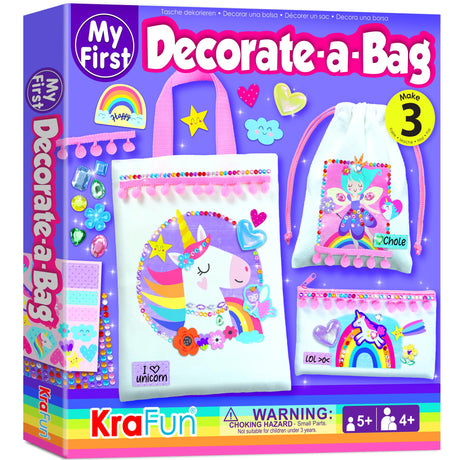KRAFUN Decorate-a-Bag Craft Kit for Kids 5+ Years, Unicorn & Fairy Theme with Stickers & Gems, 3 DIY Customizable Bags, Step-by-Step Instructions, Creative Activity Set Girls & Boys, Educational Toy KRAFUN