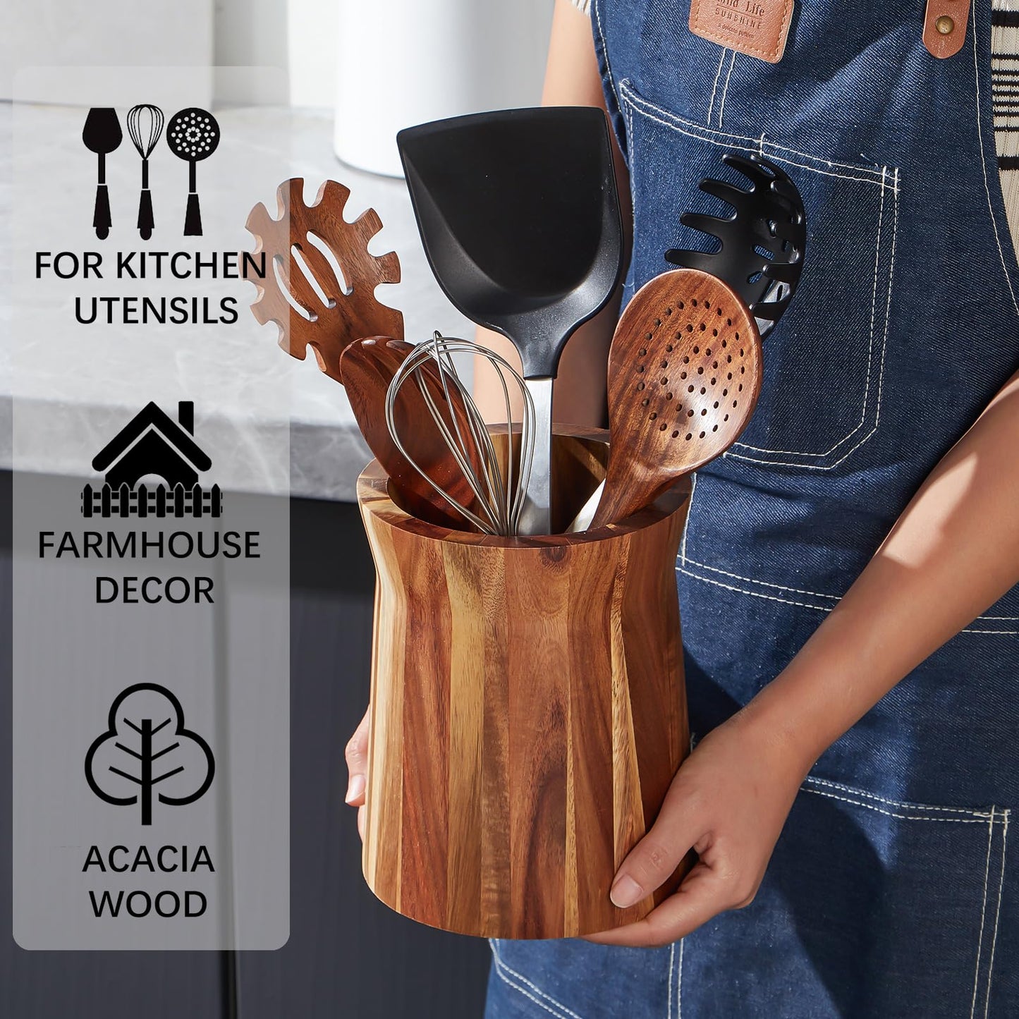 LOHONER Wooden Utensil Holder for Countertop, 360° Rotating Kitchen Utensil Holder, 7.2"x 6" Large Acacia Cooking Utensil Holder for Kitchen Counter, Farmhouse Kitchen Decor - WoodArtSupply