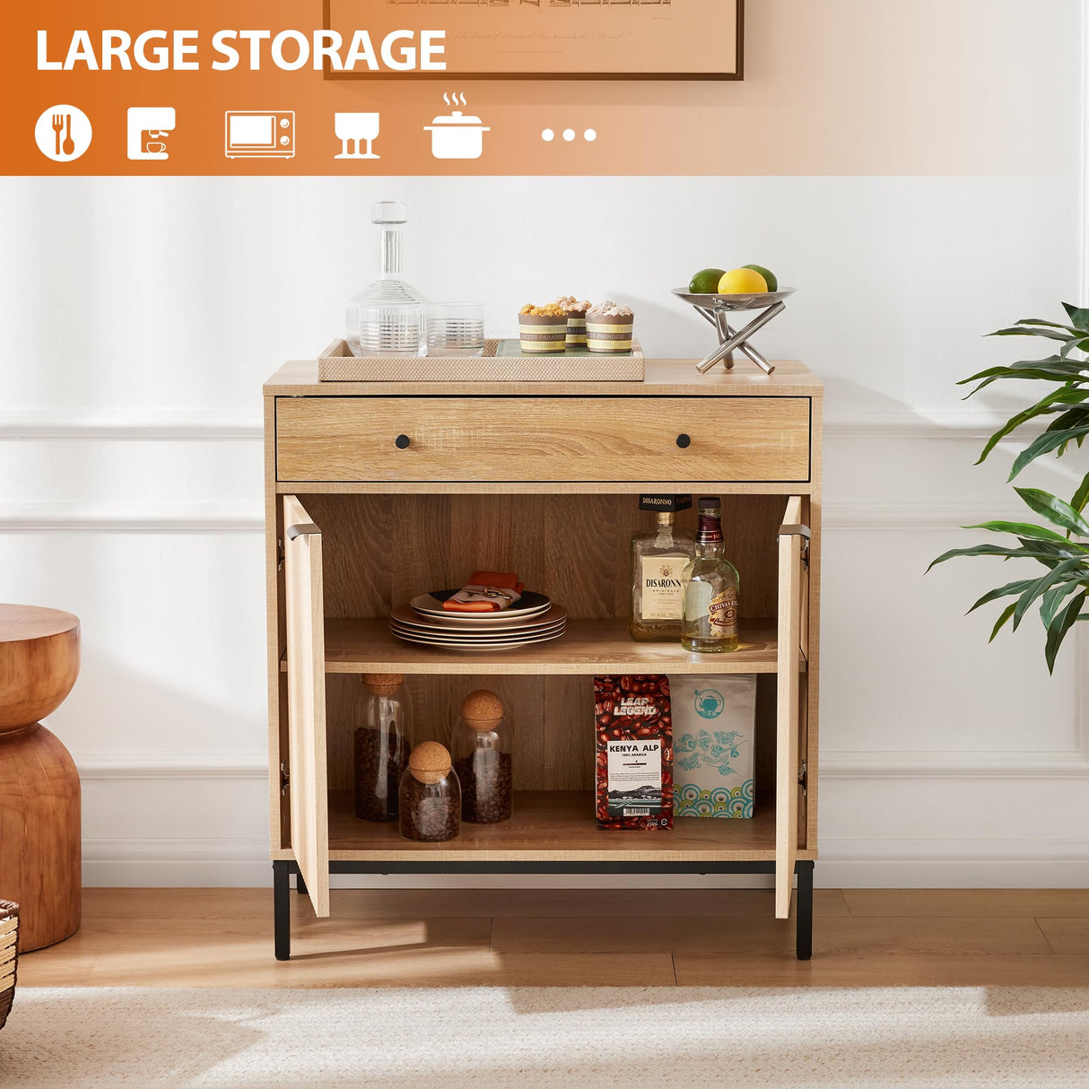 Mericonia Sideboard Buffet Cabinet with Drawer, Farmhouse Coffee Bar Station Table, Kitchen Storage with Doors and Adjustable Shelves, Modern Wood Cupboard for Dining Room, Livingroom, Entryway Mericonia