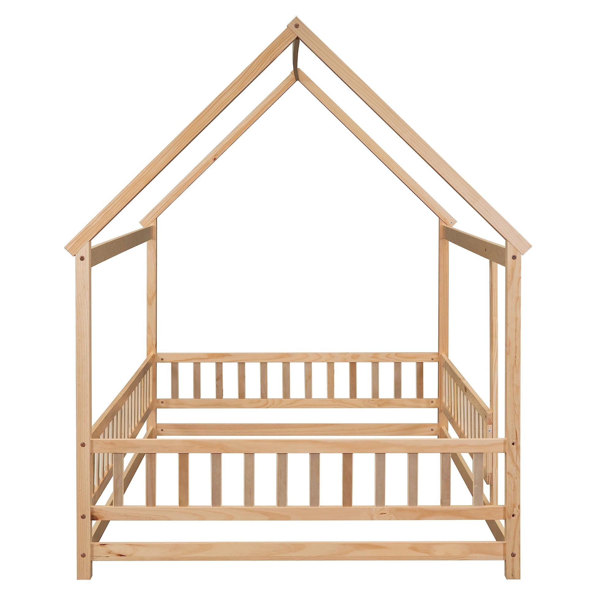 Bellemave Full Size Kids House Bed with Roof and Fence - Solid Wood Montessori Floor Bed in Natural Finish - WoodArtSupply