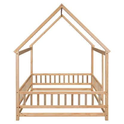 Bellemave Full Size Kids House Bed with Roof and Fence - Solid Wood Montessori Floor Bed in Natural Finish - WoodArtSupply