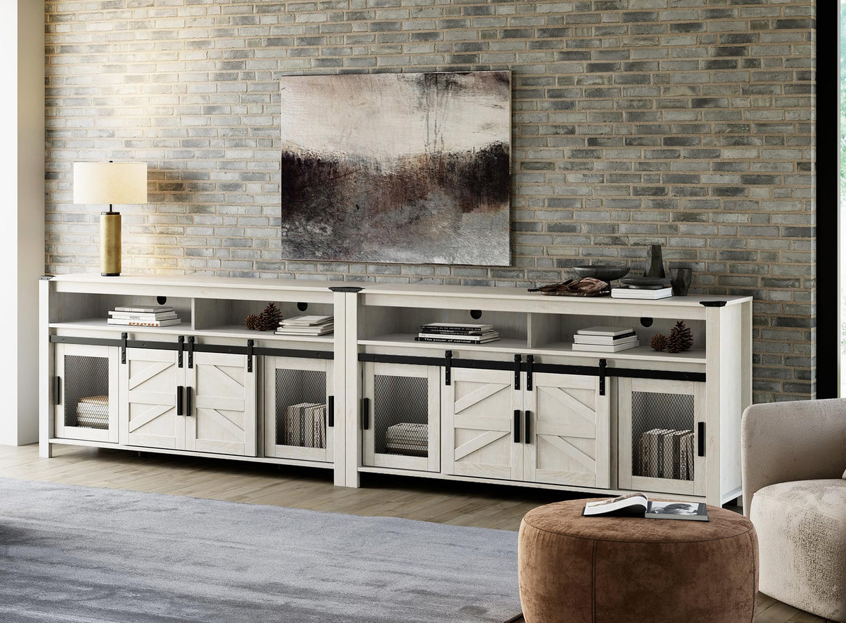 WAMPAT 2-in-1 Farmhouse TV Stands for 100+ Inch TV, Antique White 118" Wooden Entertainment Center with Mesh and Barn Doors, Set of 2 TV Console with Open Storage Space for Living Room, Bedroom WAMPAT