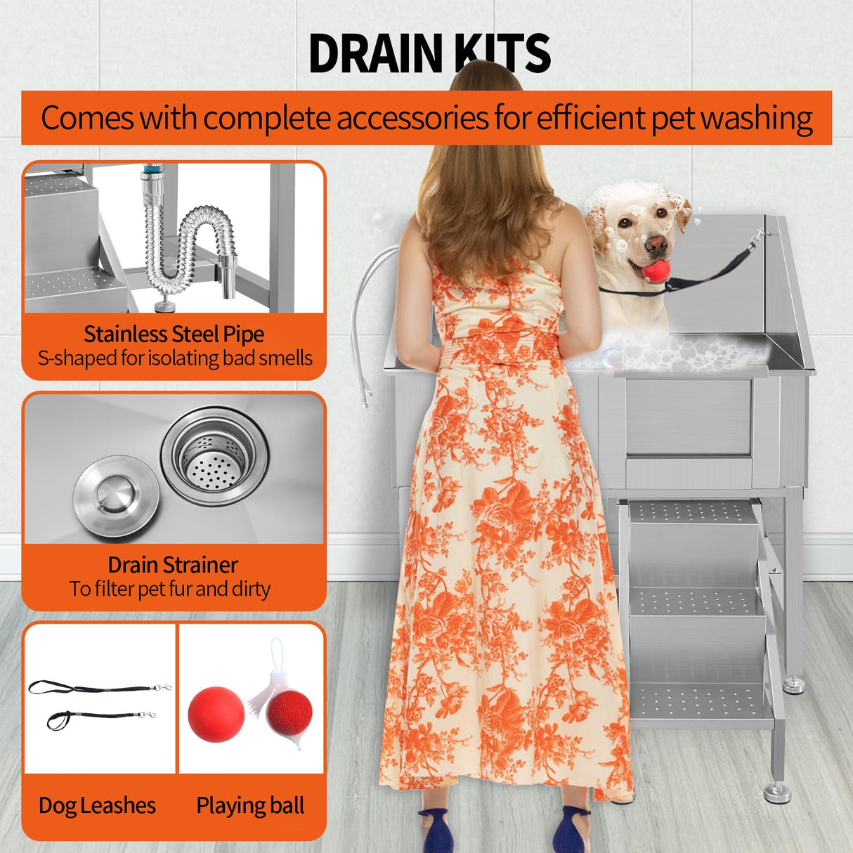 38" Pet Dog Bathing Station W/Ramp, Professional Stainless Steel Dog Grooming Tub W/Floor Grate, Faucet, Dog Bathtub for Large,Medium,Small Pets, Washing Sink for Home,R-Door RIGMEC