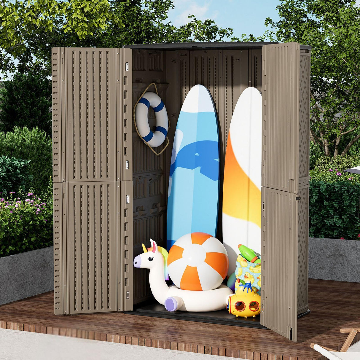 ZZM Large 67 Cu.ft Waterproof Storage Shed, Outdoor Storage Cabinet，Durable Resin Storage for Patio Furniture, Garden Tools, Pool Accessories, Mower Storage (Coffee) ZZM