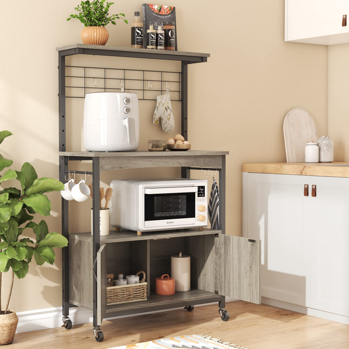 Bestier Adjustable Height Microwave Stand with Storage Cabinet and Wheels - Industrial Coffee Bar Shelf in Grey Wash Bestier