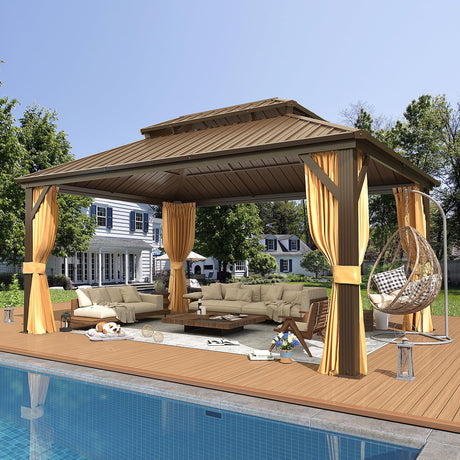 EROMMY 12' x 16' Hardtop Gazebo, Galvanized Steel Double Roof Gazebo with Aluminum Frame, Permanent Outdoor Metal Pavilion with Curtain and Netting for Patio, Lawn and Garden EROMMY