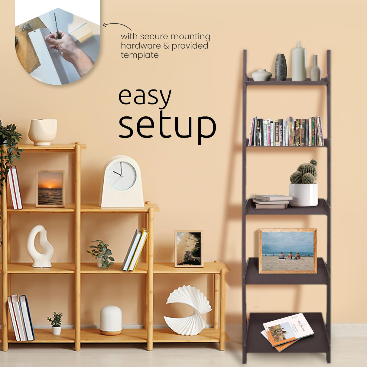 Kiera Grace Providence Hadfield 5 Tier Ladder Shelf Modern Leaning Bookshelf Storage Rack for Home, Office, 18" x 67", Black Kiera Grace