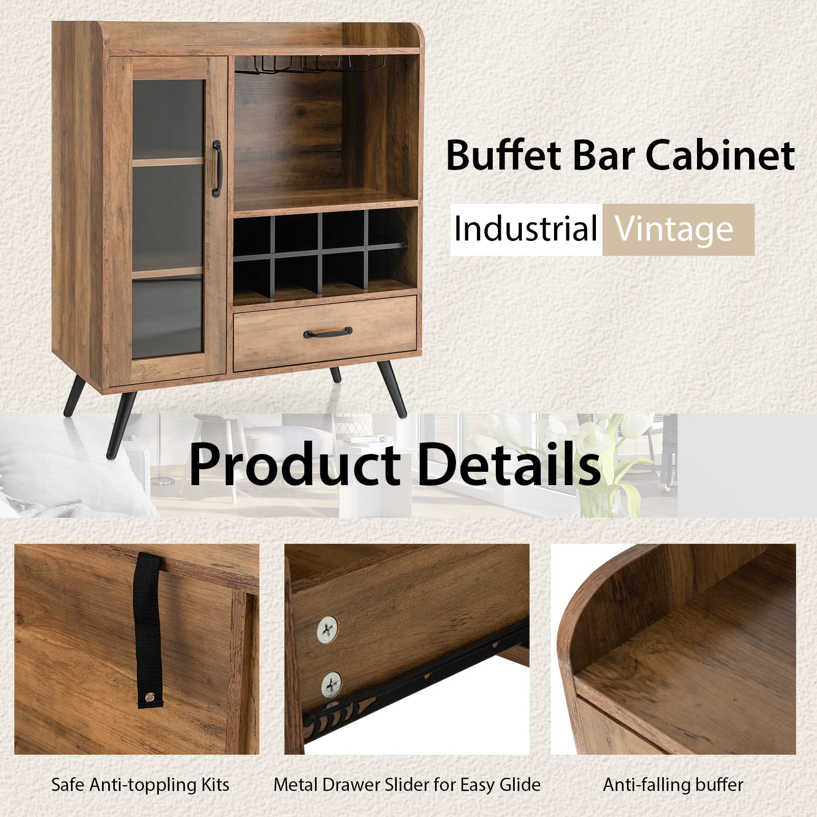 Giantex Bar Cabinet with Wine Rack, Coffee Bar Buffet Cabinet with Storage, Drawer, Glass Holder, Cupboard Wood Sideboard for Wine Bottle, Liquor, Farmhouse Kitchen Dining Room Furniture - WoodArtSupply