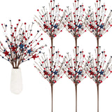 Jutom 6 Pcs 4th of July Decorations Patriotic Artificial Berry Stem Picks 13'' Independence Day Decor White Blue Red Stars Memorial Day Faux Berry Branches Table Centerpiece Decor for Home Office Jutom