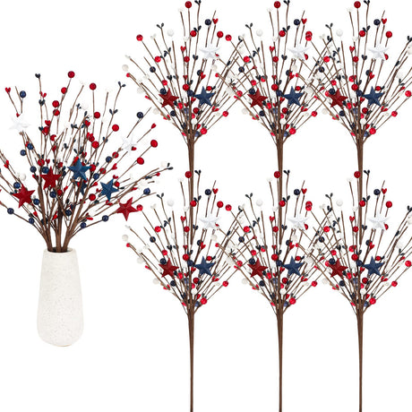 Jutom 6 Pcs 4th of July Decorations Patriotic Artificial Berry Stem Picks 13'' Independence Day Decor White Blue Red Stars Memorial Day Faux Berry Branches Table Centerpiece Decor for Home Office Jutom
