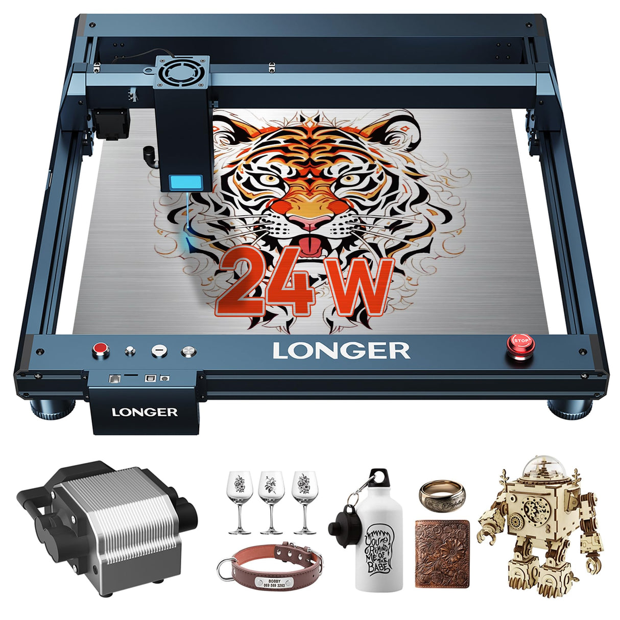 Diode Laser Engraver with Automatic Air Assist for Engraver on Glass Cup Rings, 24mw Laser Cutter for Cutting 25 mnBoards, Suitable for Wood and Metal, Paper, Acrylic, Glass, Leather ALLADINBOX