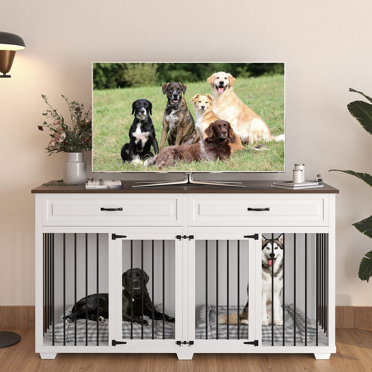 BTLCKVIN Large White Dog Crate with Removable Irons, XXL Size, Indestructible, Two Rooms Design, 72.4" x 22.4" x 34.1" BTLCKVIN