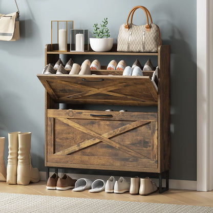 Maupvit Shoe Storage Cabinet with 2 Flip Drawers, Freestanding Organizer with Metal Legs for Entryway, Narrow Shoe Rack Cabinet, Rustic Brown - WoodArtSupply