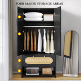 DWVO Rattan Armoire Wardrobe Closet - 70" Tall Rattan Armoire Closet with Doors, Large Storage Cabinet with Drawers & Hanging Rod/Bedroom Armoire - Black DWVO