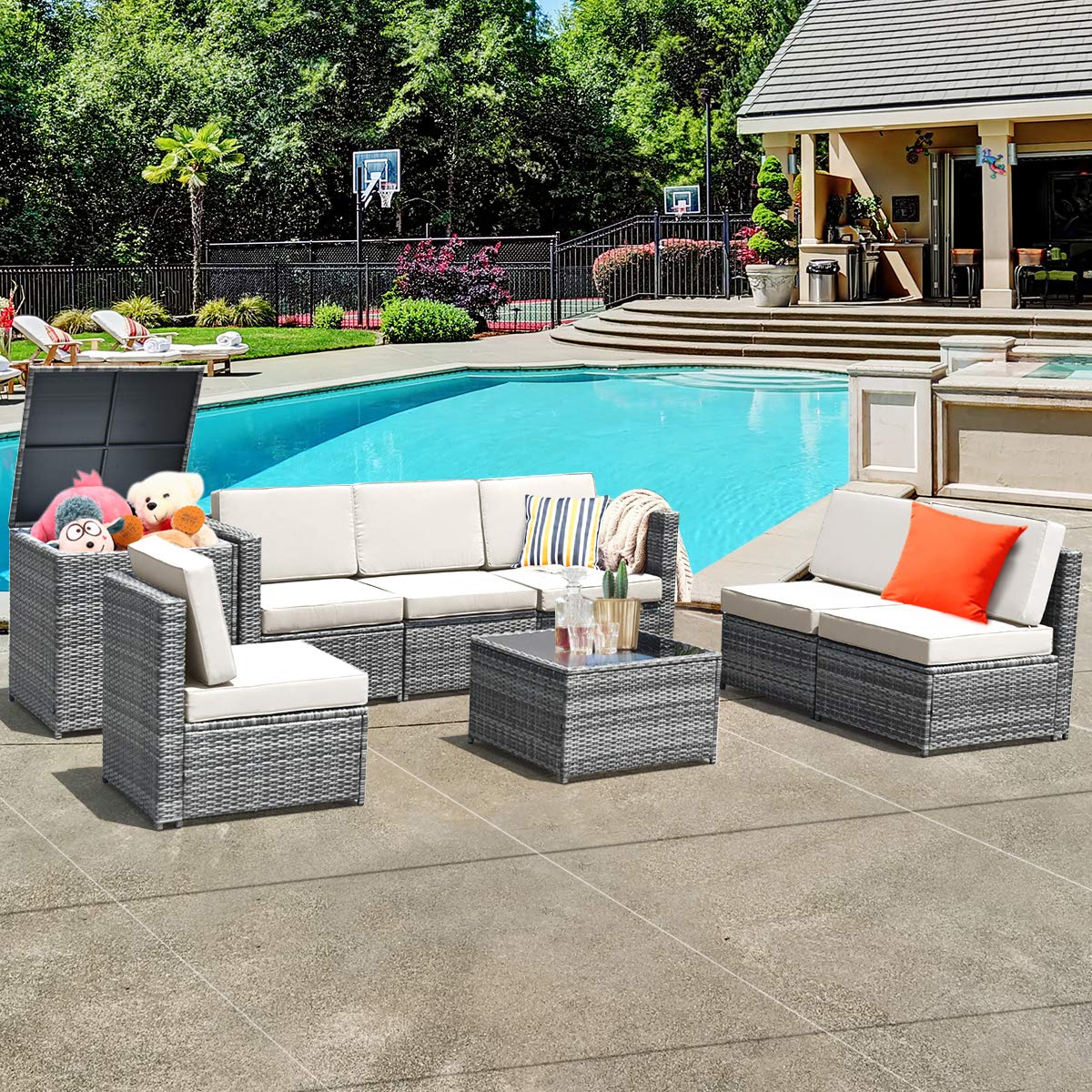 Tangkula 8 PCS Outdoor Patio Furniture Set, Rattan Wicker Sofa Set, Sectional Sofa Couch Conversation Set w/Storage Table and 12 Zippered Cushions for Garden Backyard Poolside (White) Tangkula